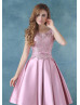 Scoop Neck Pink Lace Satin Knee Length Prom Dress